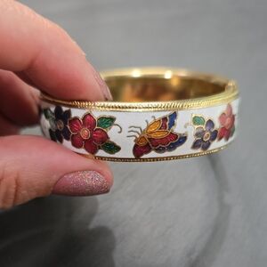 White Butterfly And Floral Cloisonne Bracelet, Size 6"